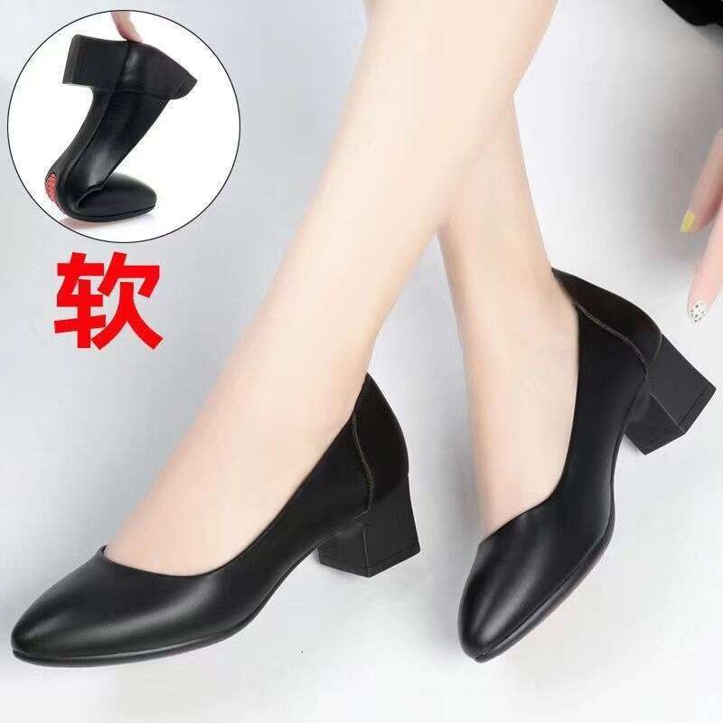 Flight attendant work shoes, black leather women, thick heels work, not tired from standing a long time, soft soles for comfortable hotel career inter