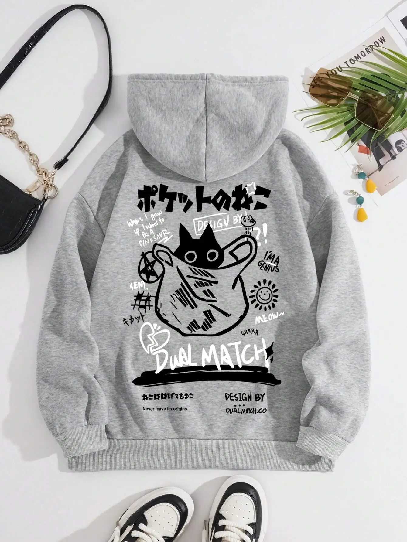 Cute Cat Cartoon Printed Sweatshirt Women Harajuku Casual Loose Hooded Fashion Soft Pocket Hoodies Autumn Warm Female ClothesT251105
