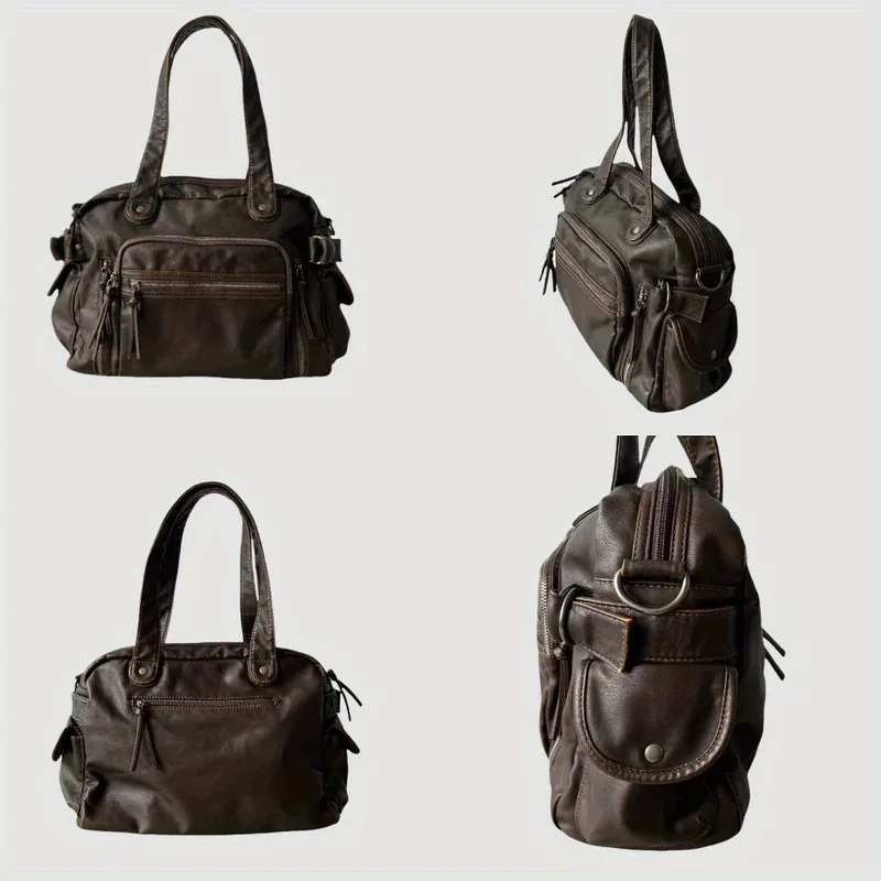 Vintage Style PU Leather Tote Soft Large Capacity Shoulder Bag with Multiple Pockets Crossbody Handbag 251031