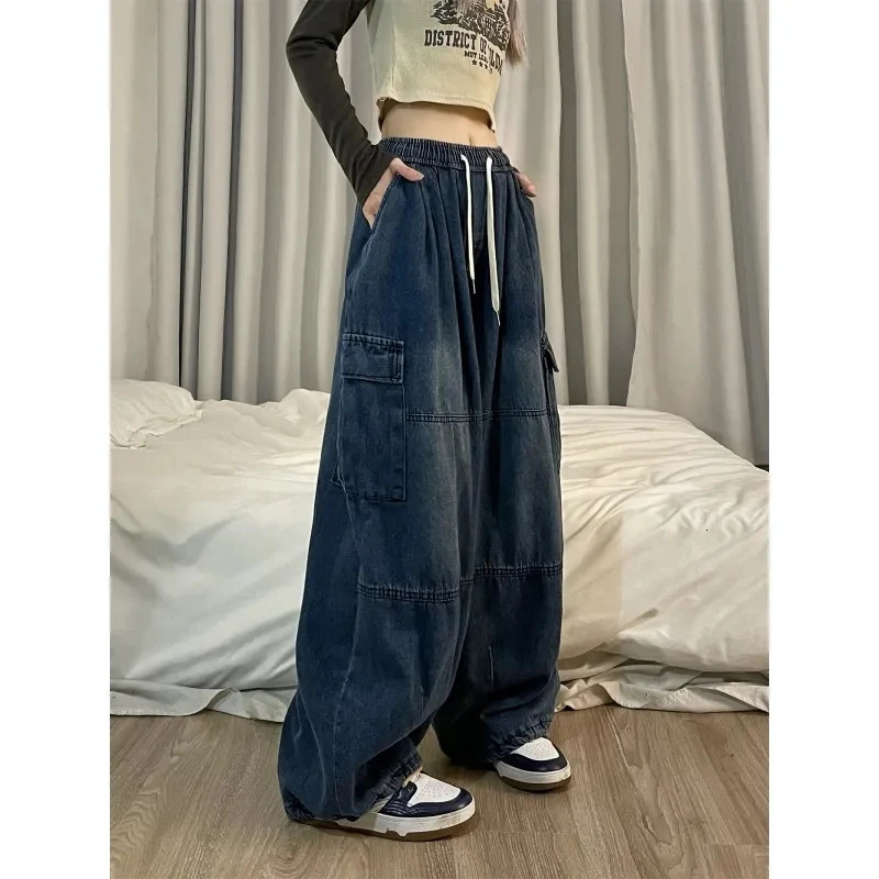 Retro blue commodity jeans womens bag denim pants oversized Y2K pleated hiphop street clothing Harajuku casual wide leg Trousers 250403