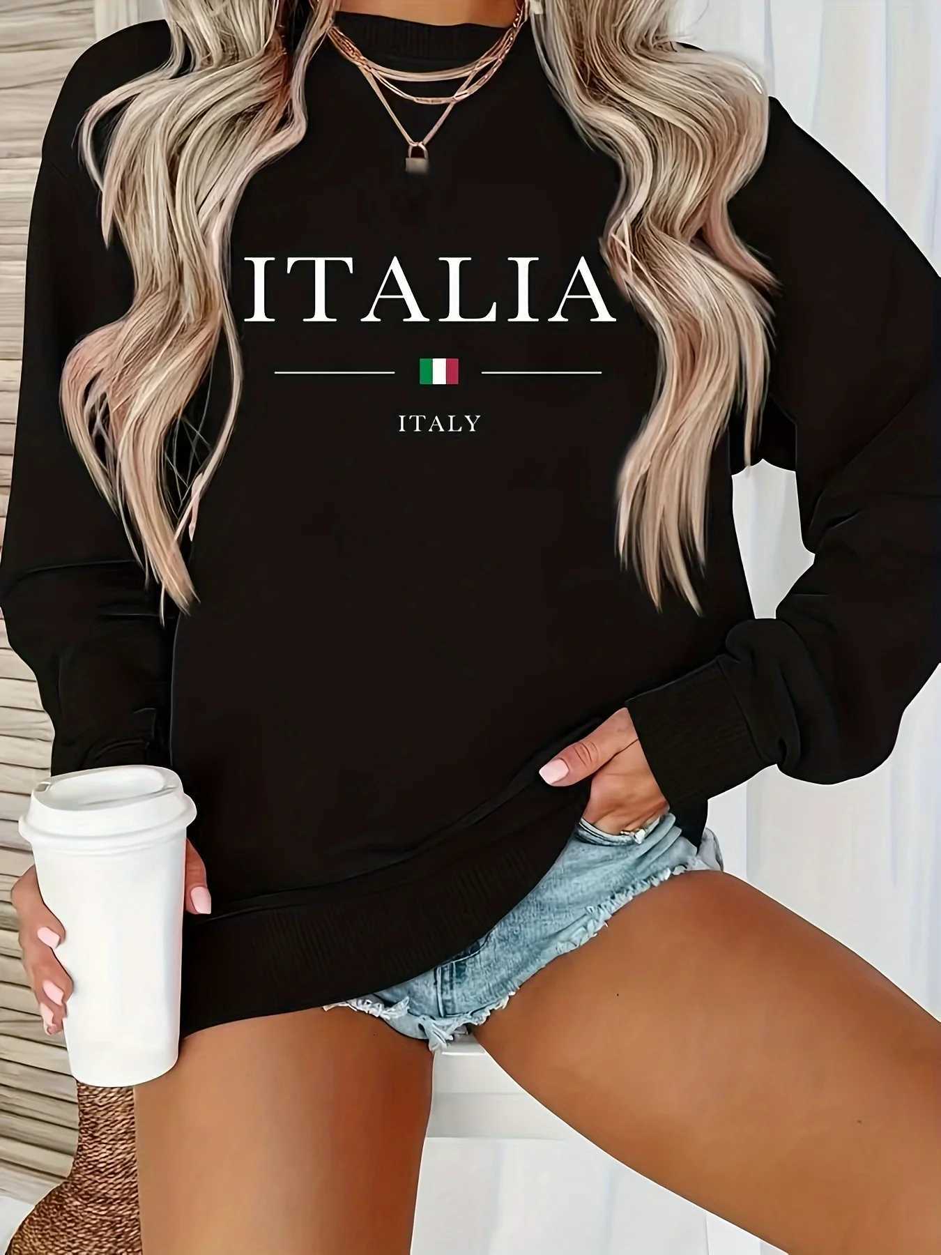 Womens autumn and winter casual loose and warm ITALIA pattern printed comfortable plus velvet long sleeved round neck pulloverT251105