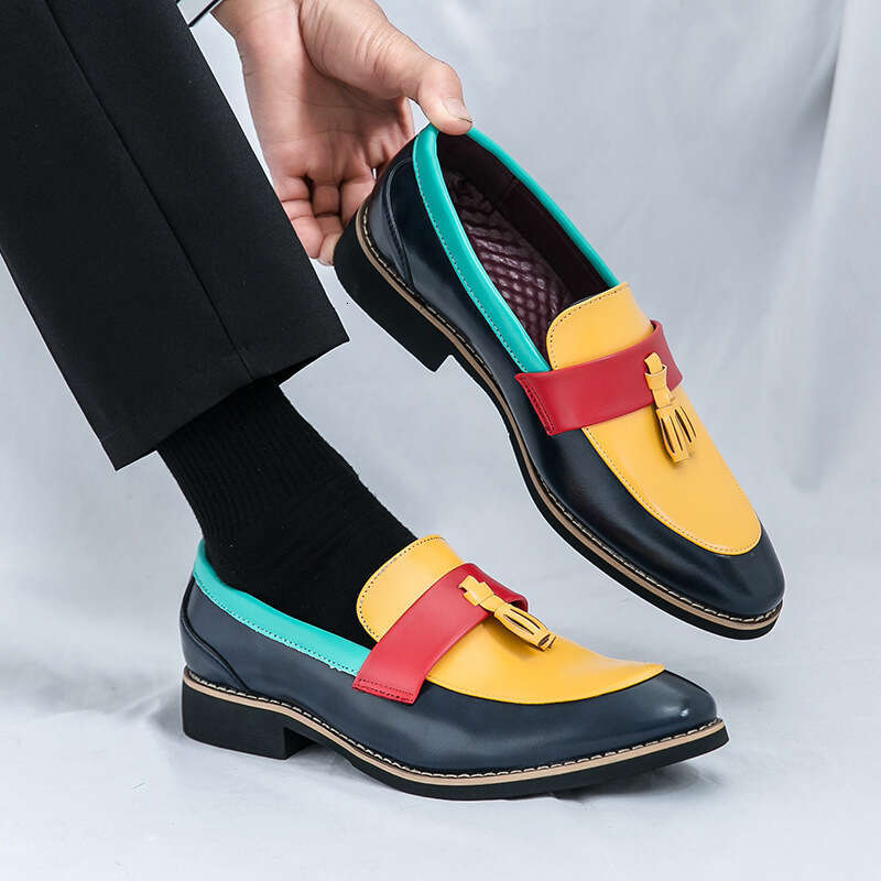 Men's in plus size, new casual leather shoes, fashionable men's foot covers, loafers, trendy color blocking tassel shoes