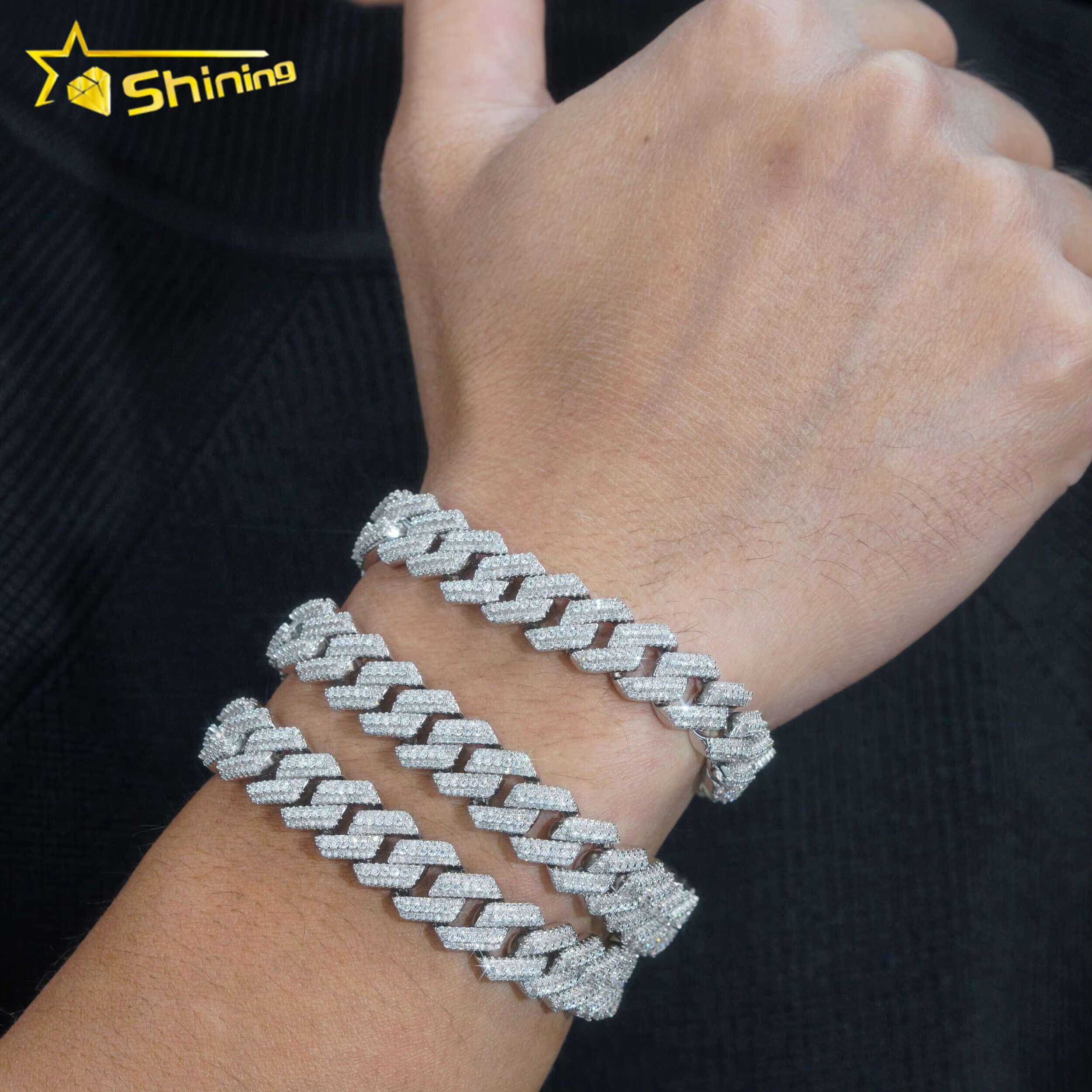 Fashion Popular Hip Hop Style 12mm Moissanite Cuban Link Chain 925 Silver Men Vvs Diamond Bracelet