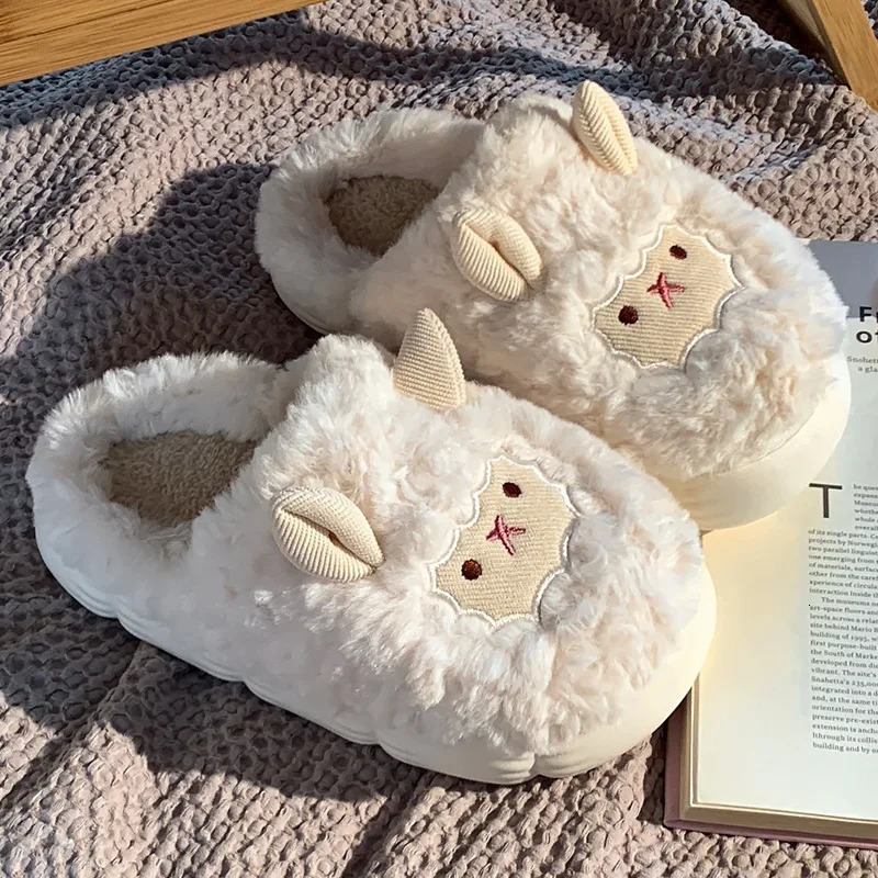 Cute Sheep Plush Slippers For Women Men Fashion Kawaii Fluffy Winter Warm Slides Lovers Cartoon Comfortable House Shoes 251031