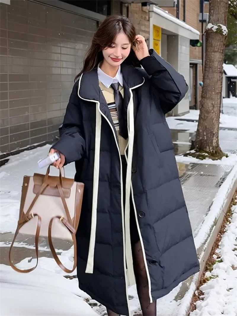 Milk FuFu White Down Jacket Womens Korean Sweet Thick Medium Long White Duck Down Jacket 2025 Winter New Style Black And WhiteT251105