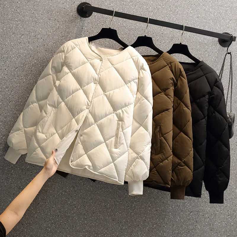 Short Down Cotton Jacket For Women 2026 New Autumn Winter O-neck Long Sleeve Light Diamond Casual Jacket Outerwear CoatT251105