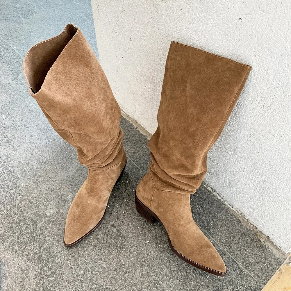 2025 Kid Suede Retro Women Boots Autumn Winter SlipOn Boots for Women Pointed Toe Square Heel Basic Shoes Kneehigh boots 251103