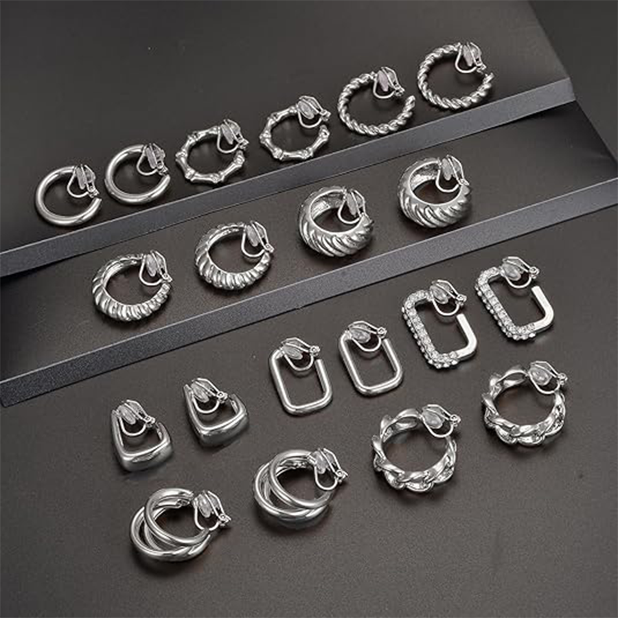 10 Pairs Clip on Hoop Earrings for Women Men Twist Round CZ Chunky Hoop Clip Earring No Piercing Fake Earrings Sets Silver Tone