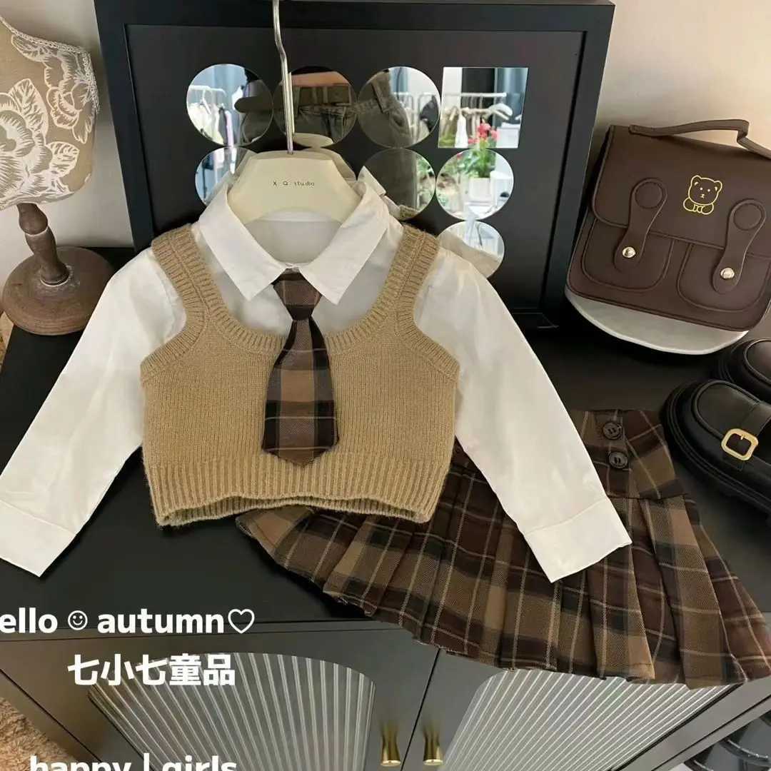 2025 Baby Girls 4pieces Clothing Set Fashion Kids Children Spring Autumn Clothes Knit Vestsshirtspleated Skirtsbowtie Y251105