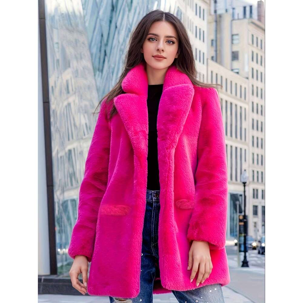 Women's Elegant Mid-Length Faux Fur - Long Sleeve, Button-Up Front, Pockets, Non-Stretch Fabric, Solid Color, Winter Coat For Fall & Winter, Casu