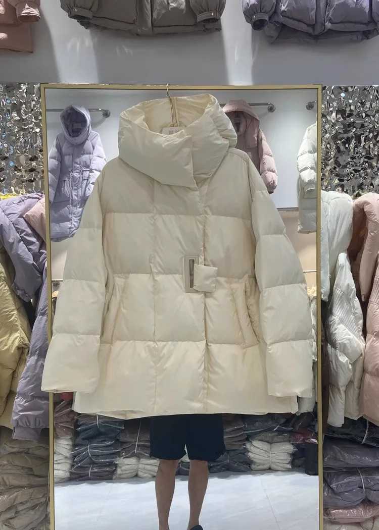 Schinteon Women Down Jacket Stand Collar Over Size Casual Warm Autumn Winter Outwear White Duck Down Stand Collar Coat 2024 NewT251105