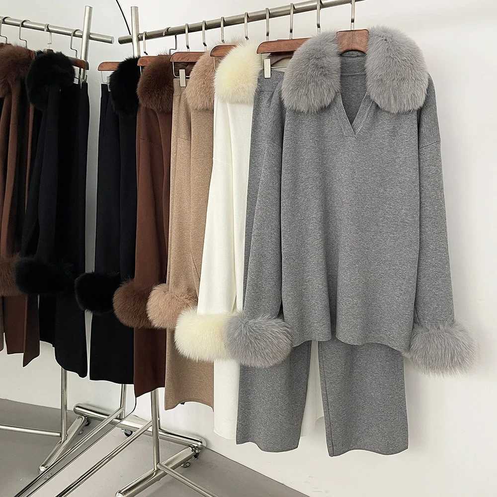 Rety Fur Jacket Sweater Real Fur Collar Autumn Winter Women Sweater Suit Female Raccoon Fur Pullovers Trousers Set Lady W251105