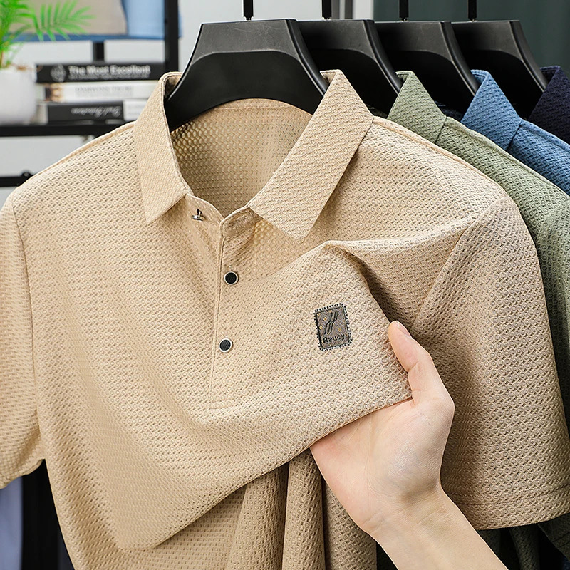 high-end summer mens silk polo shirt selling fashionable casual plain weave iron free mens short sleeved top 250401