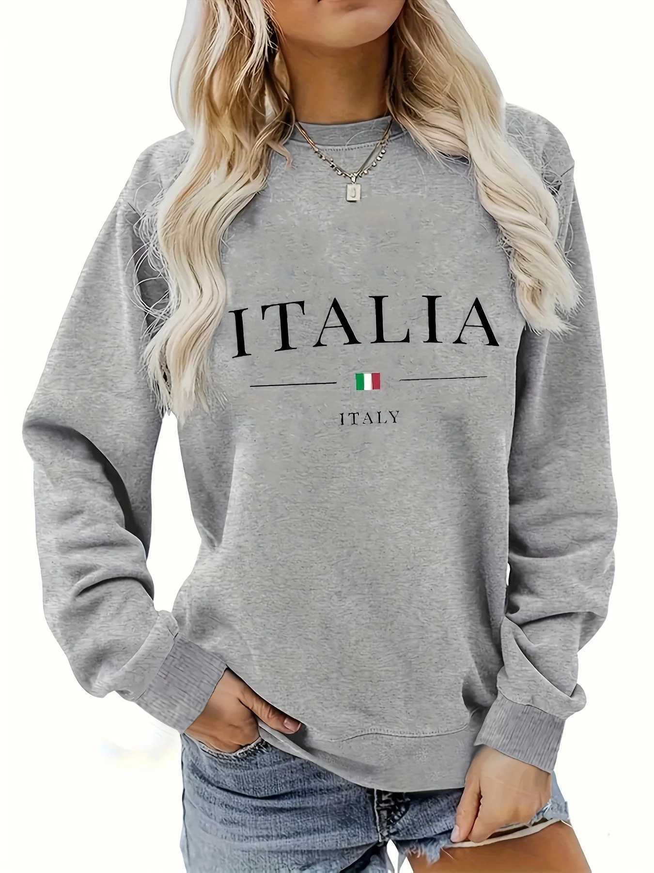 Womens autumn and winter casual loose and warm ITALIA pattern printed comfortable plus velvet long sleeved round neck pulloverT251105