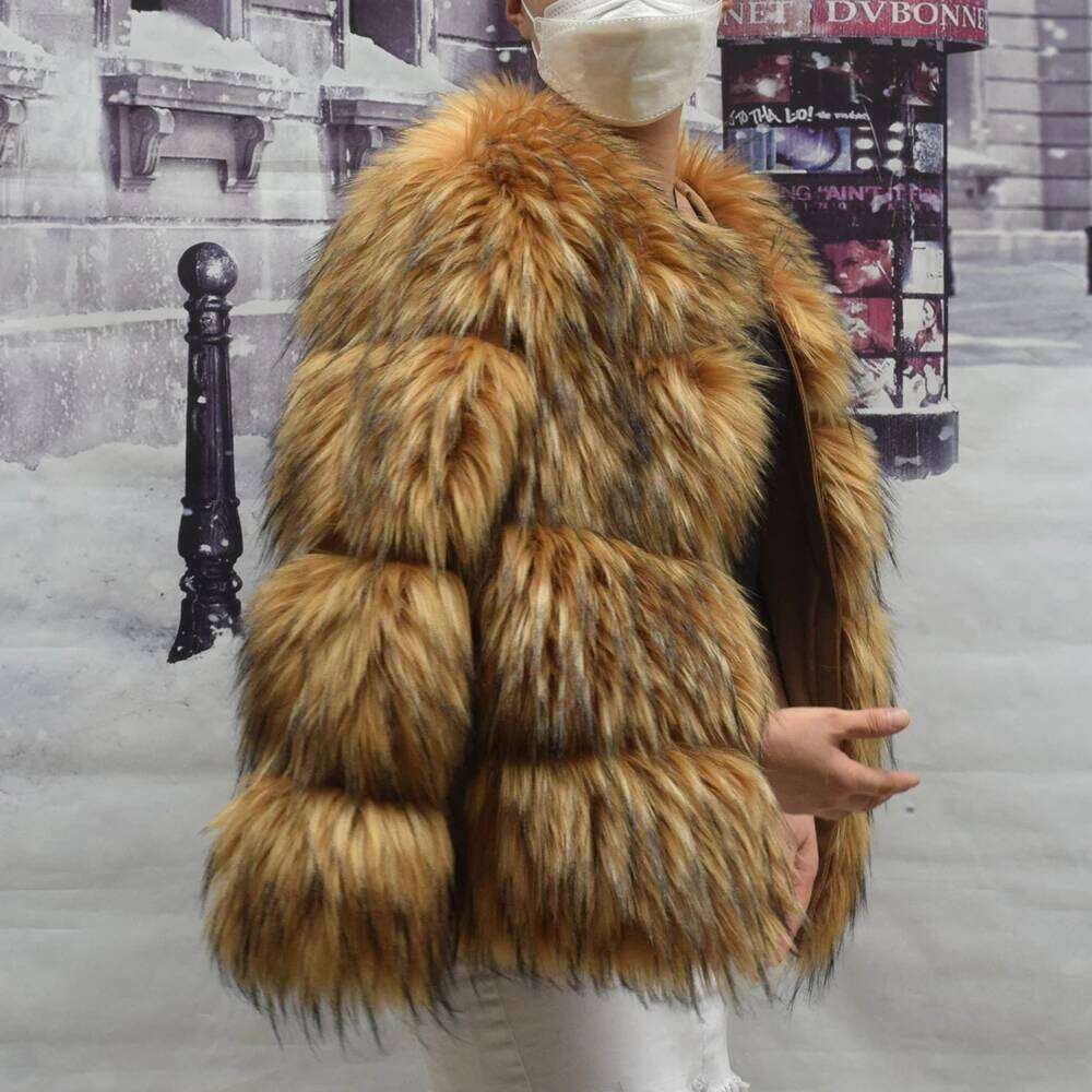 HOOOFUR Faux Women's Jacket Winter Fashion Warm Thick Fox Raccoon Leather Brown Plus Size Especially Fake Fur Cold Coat