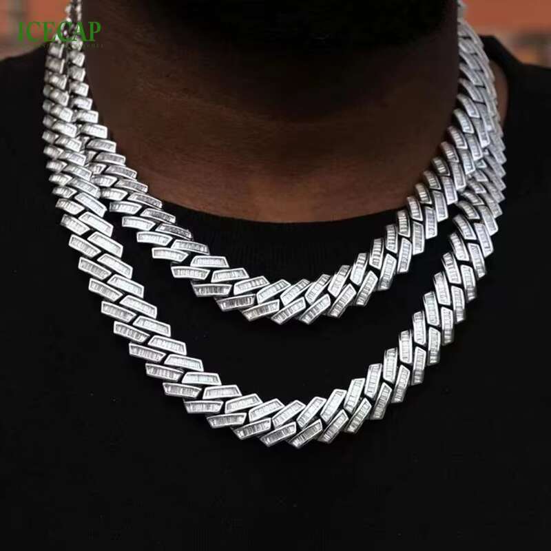 20mm Baguette Miami VVS Moissanite Diamond Custom Cuban Link Chain Charms Necklace 925 Soild Silver Hip Hop Jewelry for Men