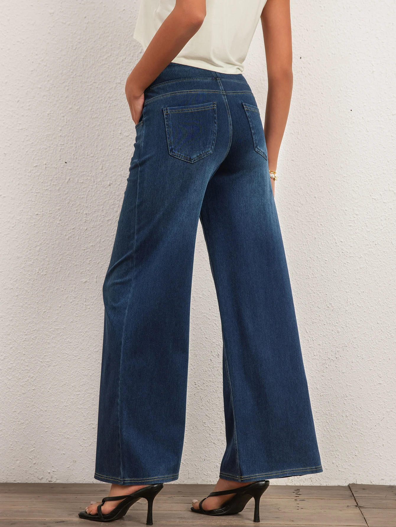 Shaspullfits Comfortable Loose Wide Leg Jeans Deep Blue Denim Pants Womens Elastic Waist 250403