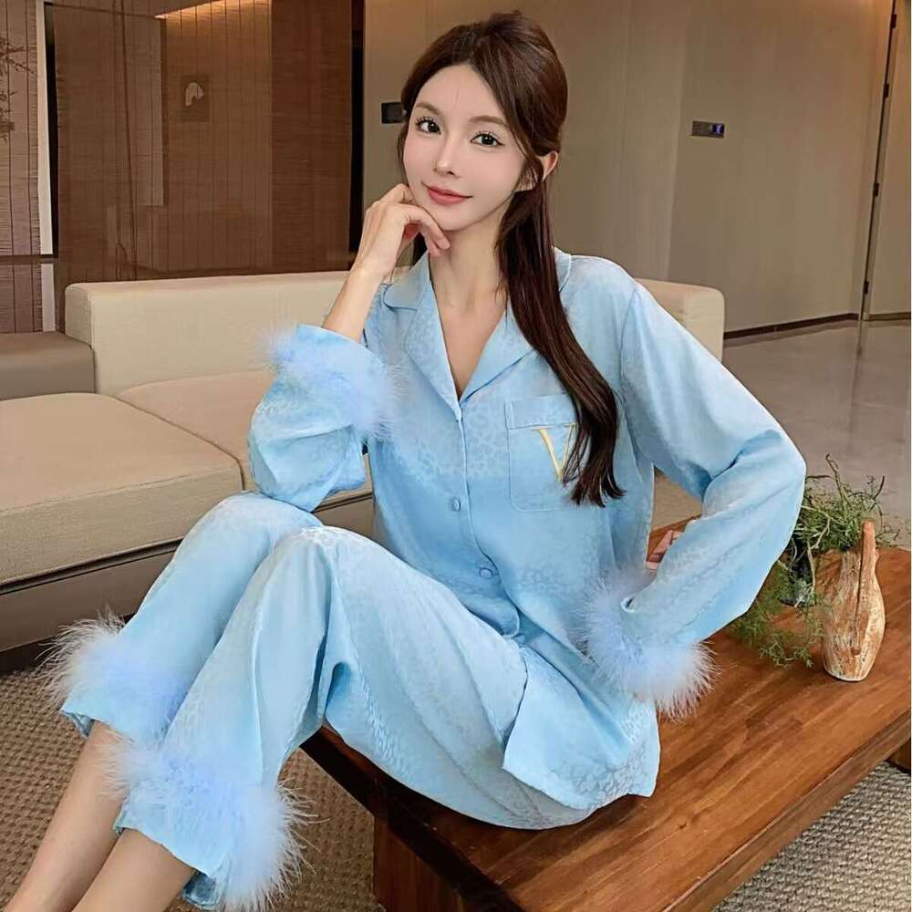Women's Pajamas Spring and Autumn Ice Silk Plus Size Cardigan New High-end Light Luxury Feather Long Sleeve Homewear Two-piece Pyjamas Set