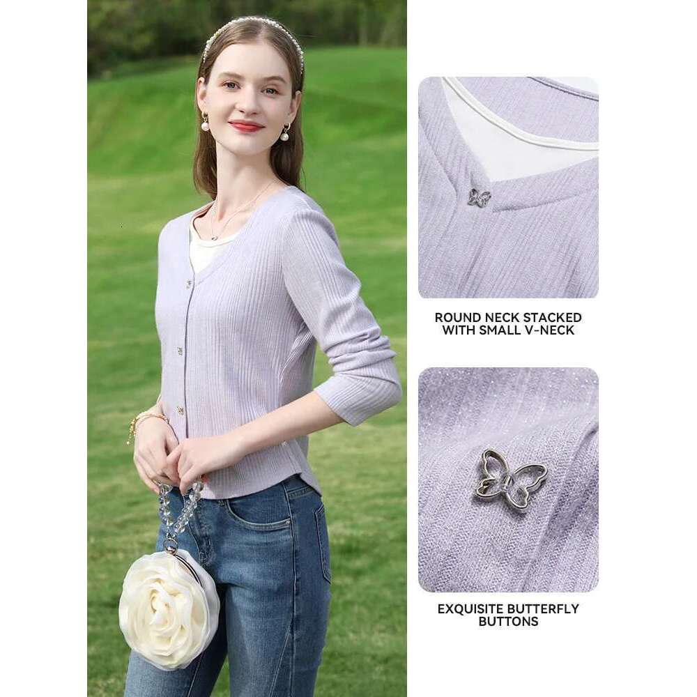 Fake Two Pieces T Shirt Pullover Women 2025 Spring New Purple V Neck Design Long Sleeved Slim Thin Tops