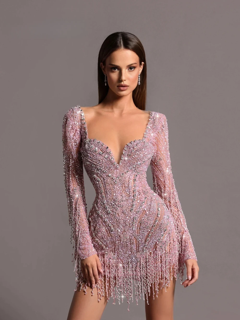 Sparkly Women's Sequins Tassel Mini Evening Dresses Long Sleeve V Neck Prom Gowns Beadeds Special Occasion Custom Made