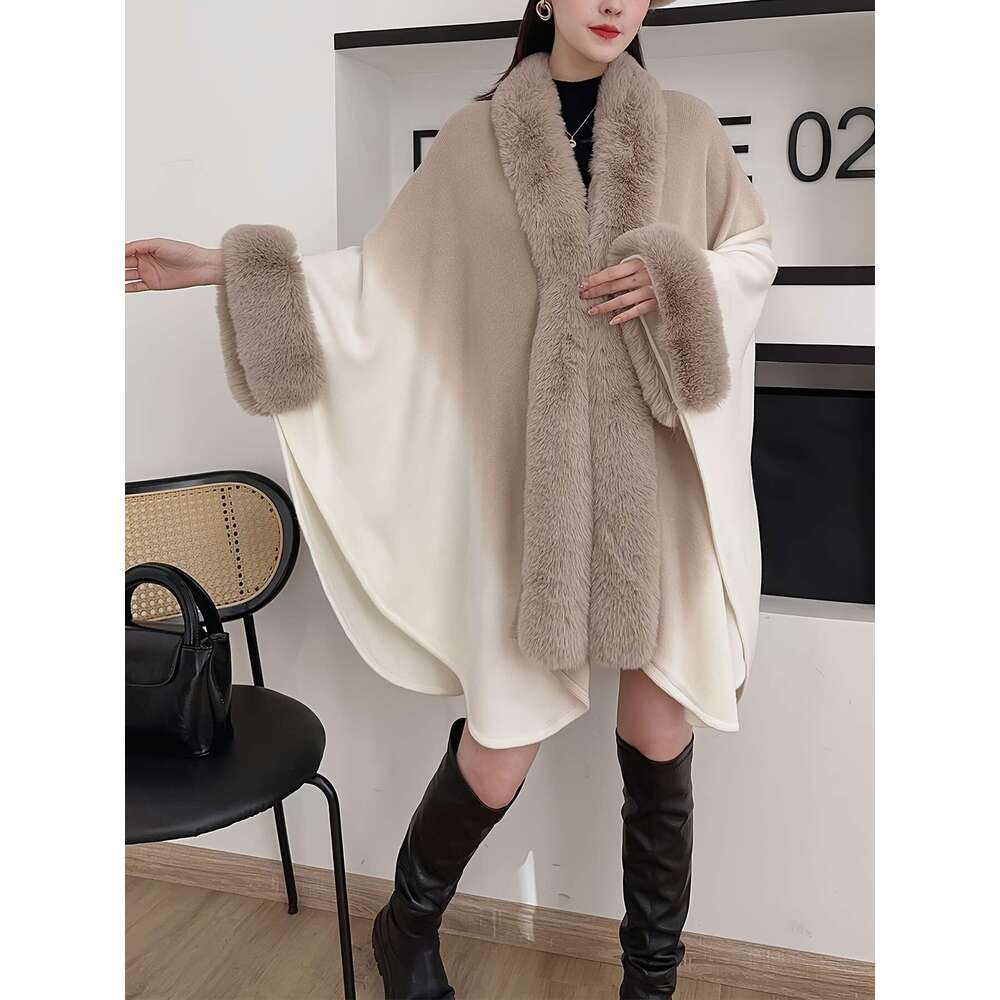 Women's Oversized Korean Fashion Winter - Collar Gradient Grey/Black Cape Cloak With Plush Trim, Wrap Shawl Mantle & Elegant Casual Or Formal Eve