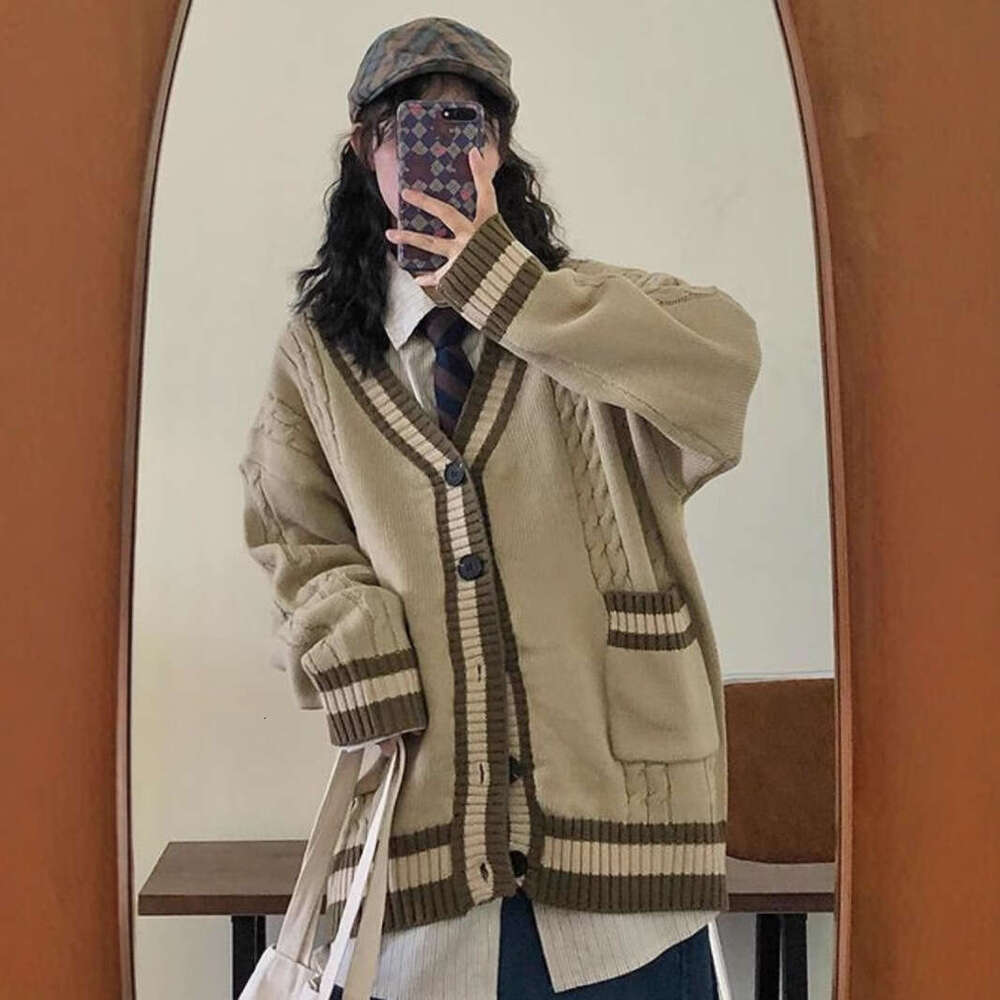 Spring Autumn New Color-Block Cardigan Sweater For Women And Men Japanese Retro Lazy Style BF Loose Warm Knitted Jacket B5