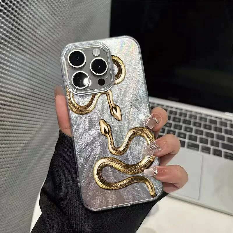 Gold Snake Print Case For iPhone 16 15 14 13 12 11 Pro Max XS X XR 8 7 Plus SE 2022 Feather Chiffon Texture Sier Plated Cover