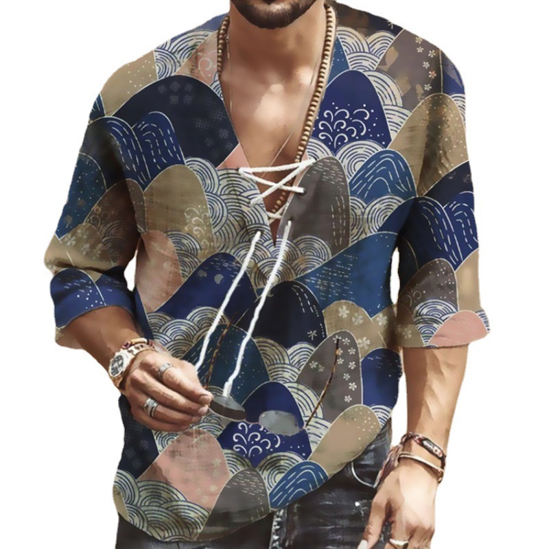 New Mens Chest Strap V-neck Mid Sleeve T-shirt with Digital Printing
