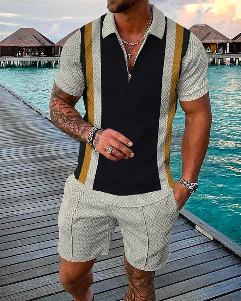 mens Tracksuit retro zipper collar polo shirt and shorts 2-piece casual sportswear street mens clothing 250402