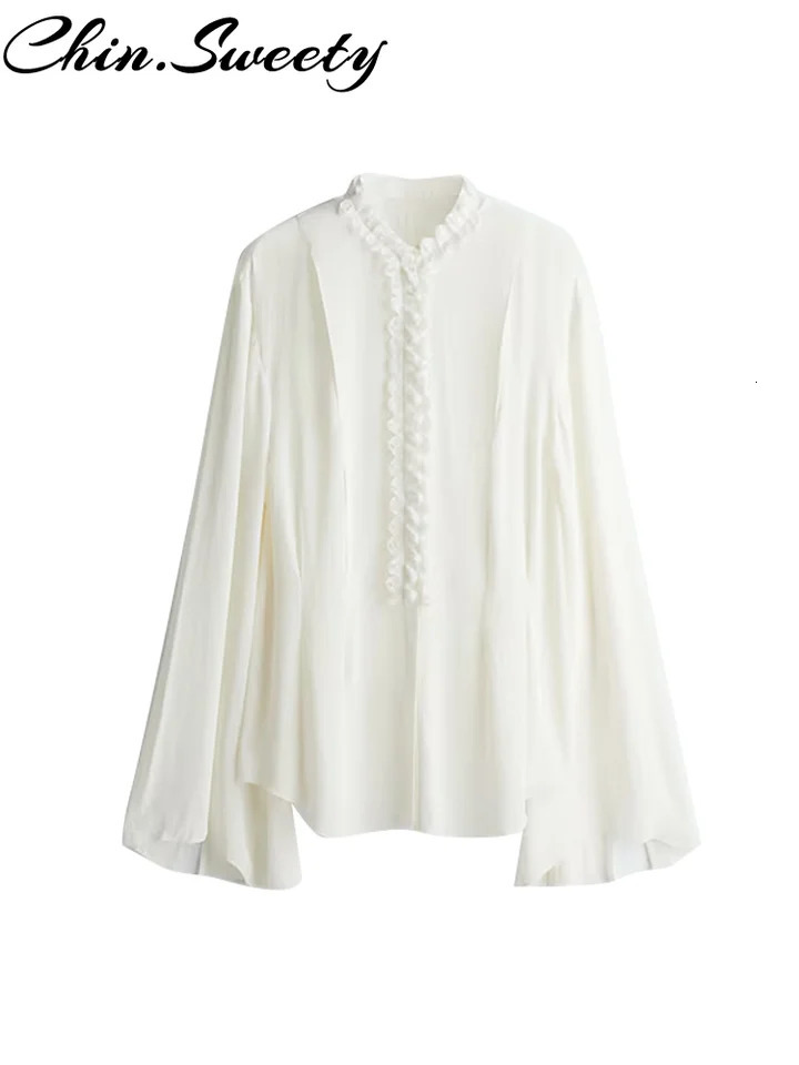 Vacation Chiffon Lace Up Shirt Women Solid Ruffle Long Flare Sleeve V-neck Loose Shirts Female 2025 Spring Summer Chic Top Lady 250402