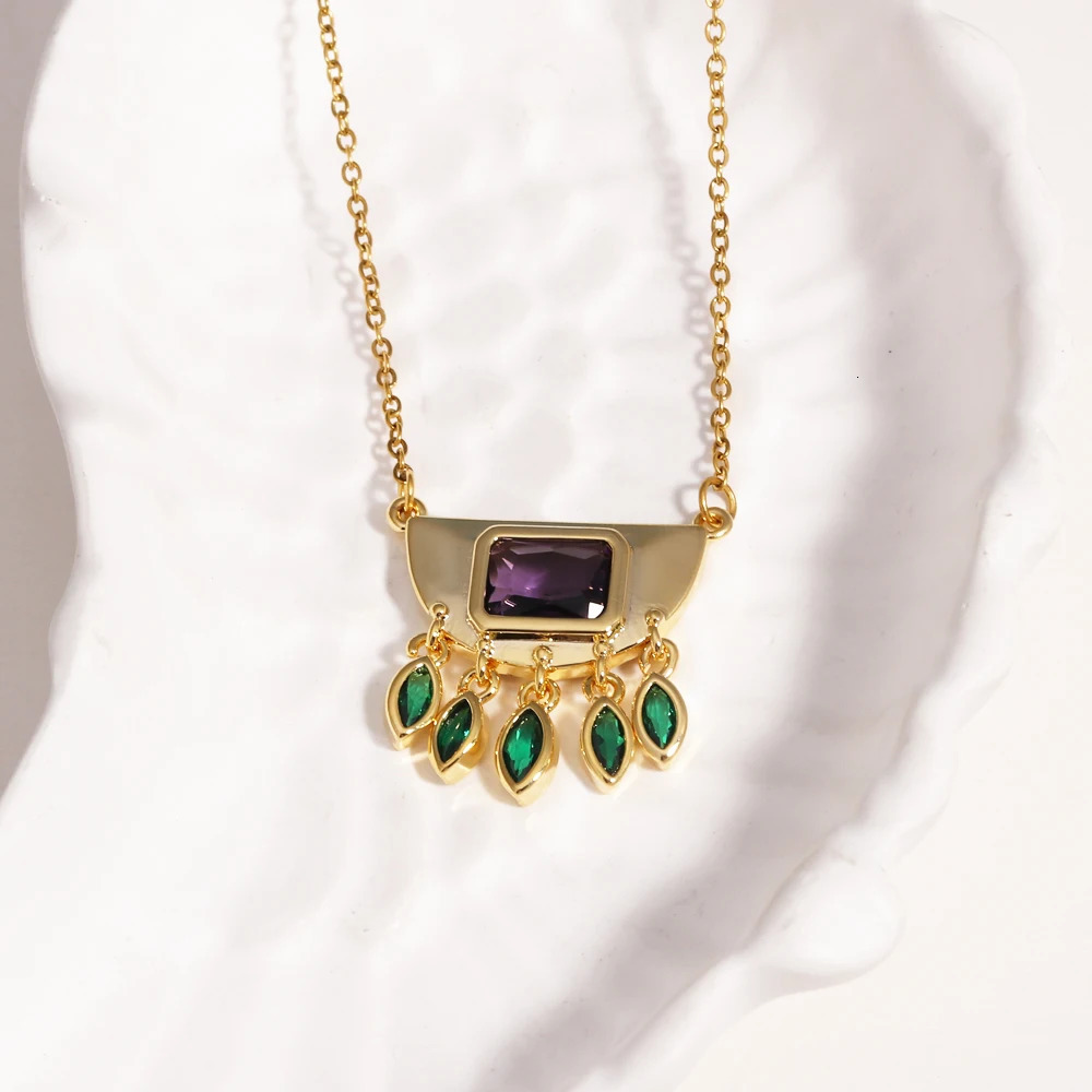 Stainless Steel Half Round Green Oval Zircon Tassel Pendant Necklace For Women Daily Wear Fashion Neck Chain Waterproof Jewelry 251031