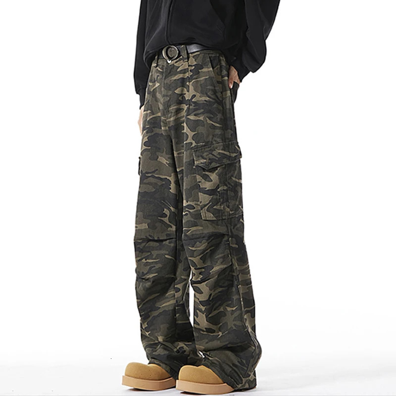 Mens Baggy camouflage open top cargo jeans mens classic straight casual denim pants American style street hip-hop denim troops 250402