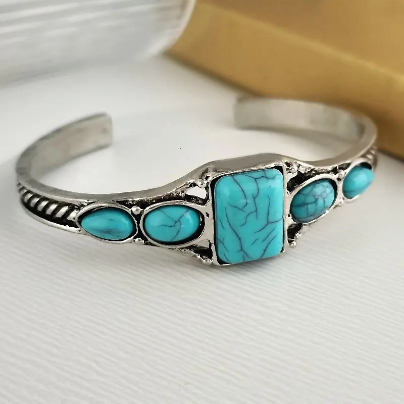 1pcs style personality retro turquoise carved hollow geometry light accessories bracelet adjustable opening bracelet 251031