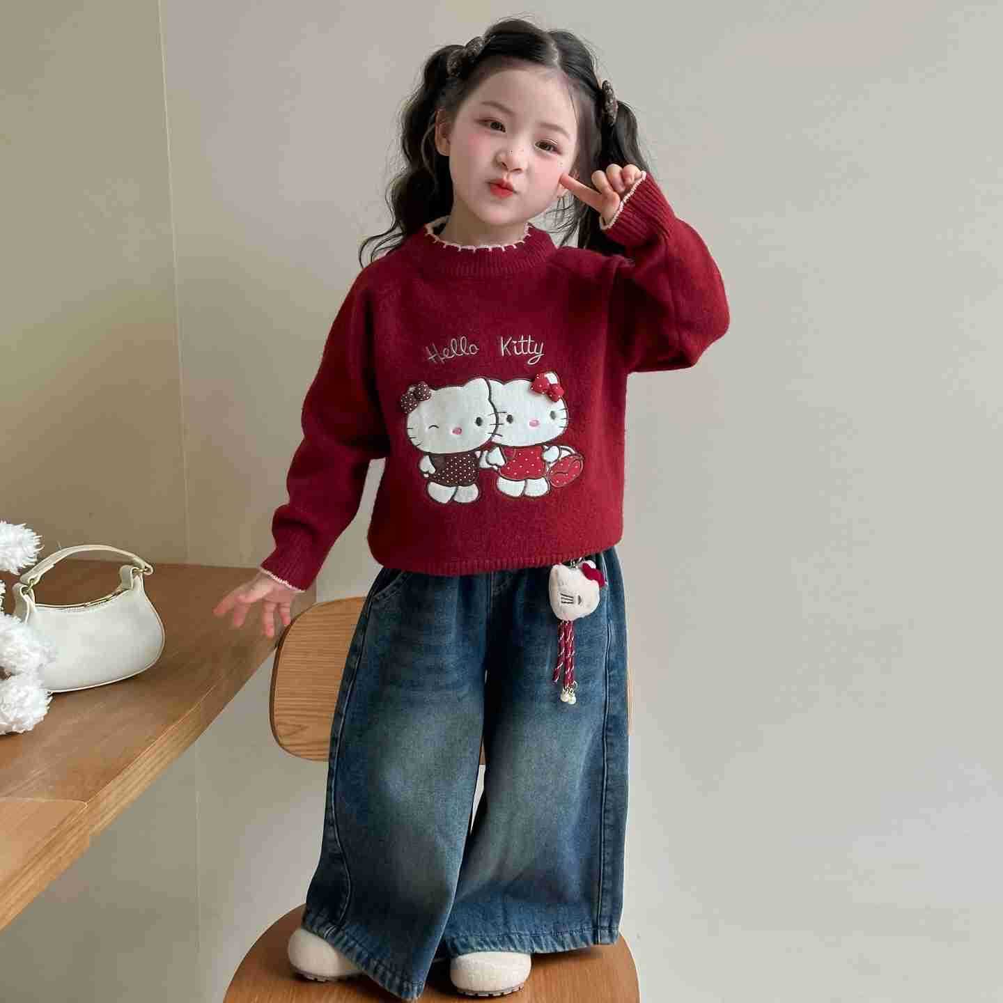 Sanrio KT Cat Girl Sweater 2025 New Childrens Autumn Winter Pullover Baby Girl Round Neck Cartoon Knitted Sweater Trendy H251105