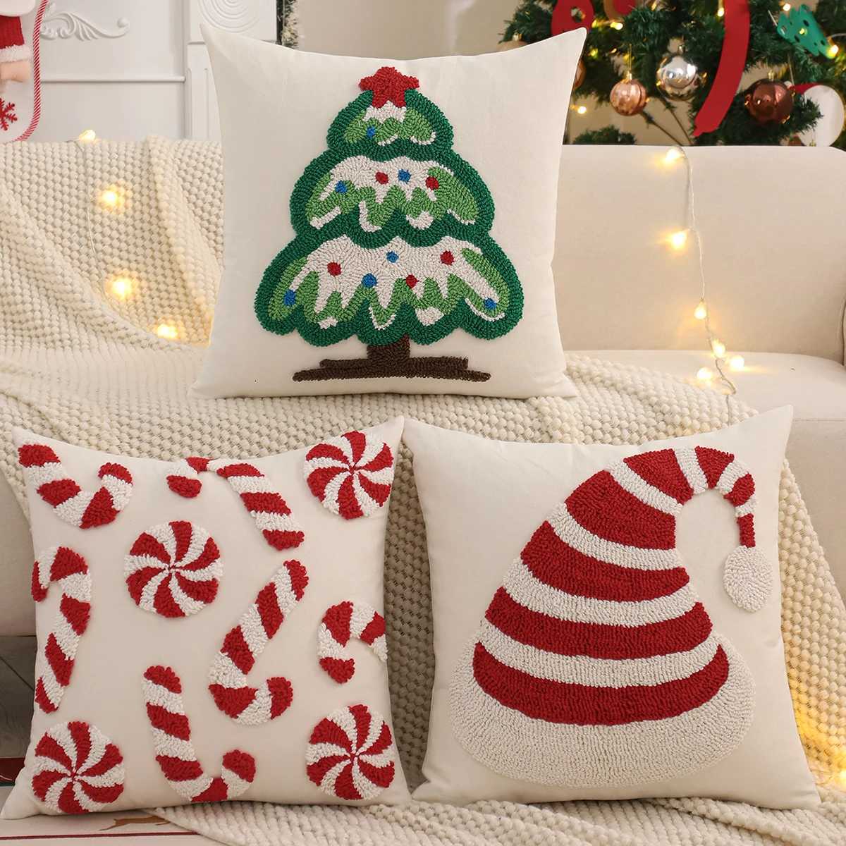 Tufted Throw Pillow Cover Christmas Decoration Canvas Christmas Tree Snowflake Crutch Winter Farmhouse Home Sofa Living Room Y251105