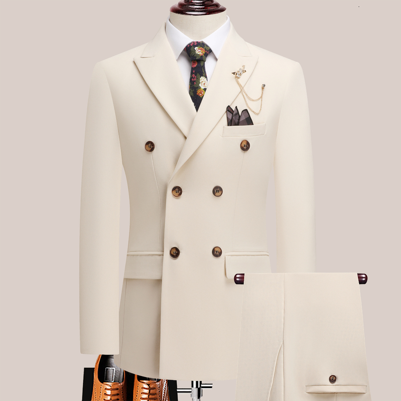 The latest mens solid color suit twopiece set with lapel collar and double breasted buttons for four seasons business s 251023