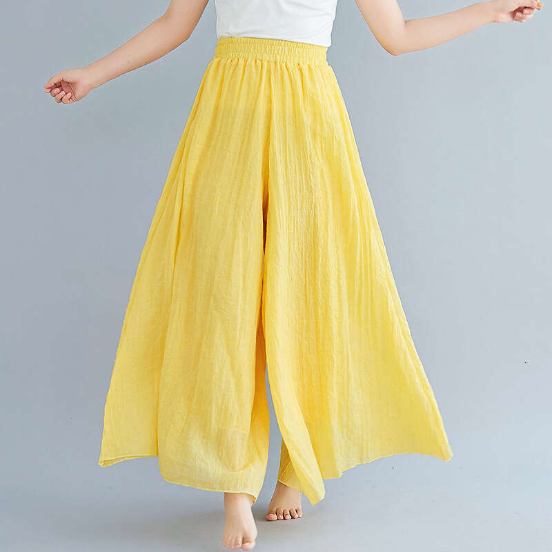 Summer New Mori Girl Artistic Plus Size Cotton Elastic Waist Linen Solid Color Ethnic Style Flared Pants Skirt B5