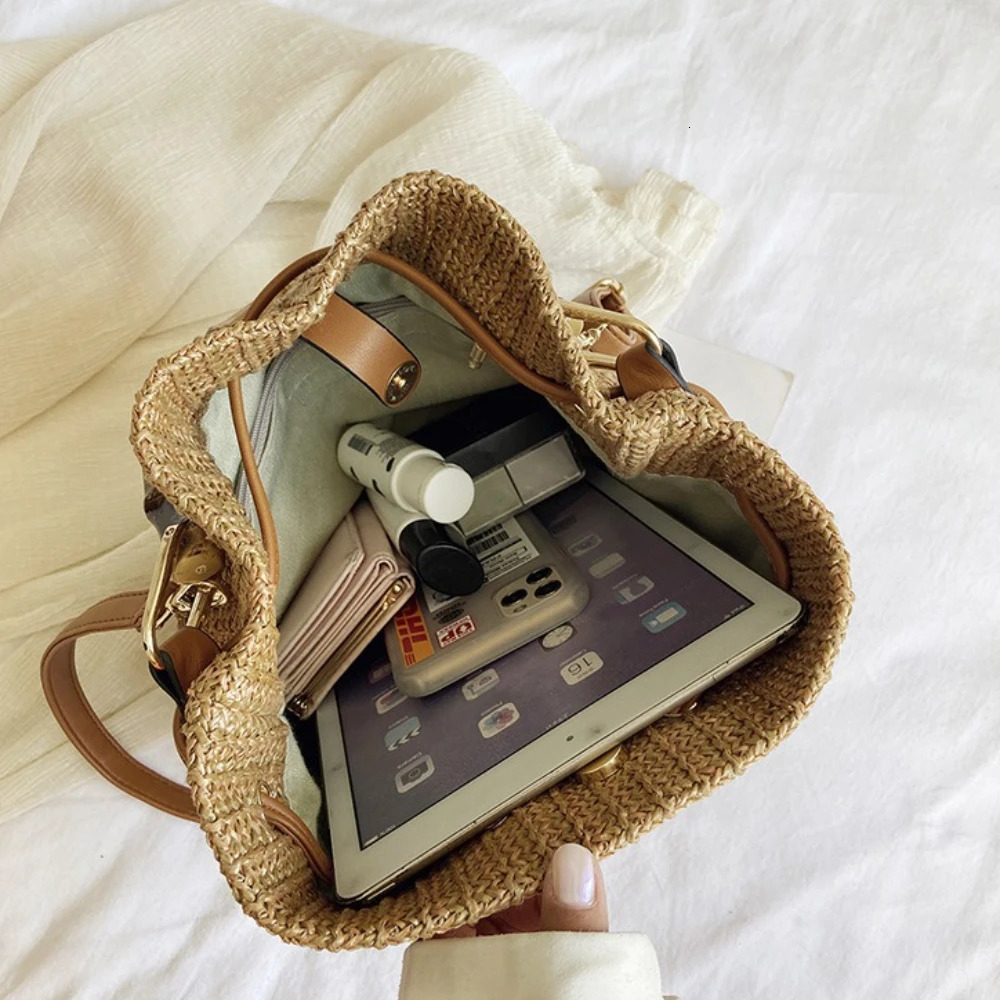 Summer Beach Straw Bucket Bags Weave Tote Bag Female Bohemian Shoulder Bags for Women Lady Travel Handbags and Purses 251104