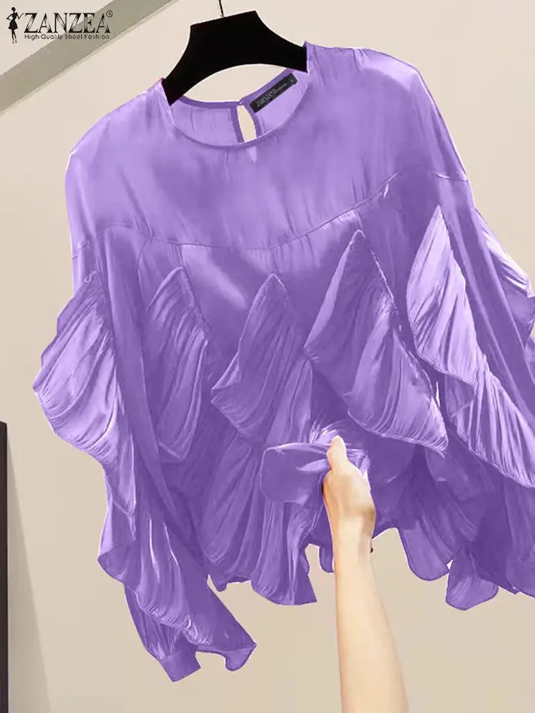 ZANZEA Fashion Ruffle Embroidered Long Sleeve Top Womens Korean Ruffle Shirt Autumn White Loose Blue Unique Round Neck Tune 250402