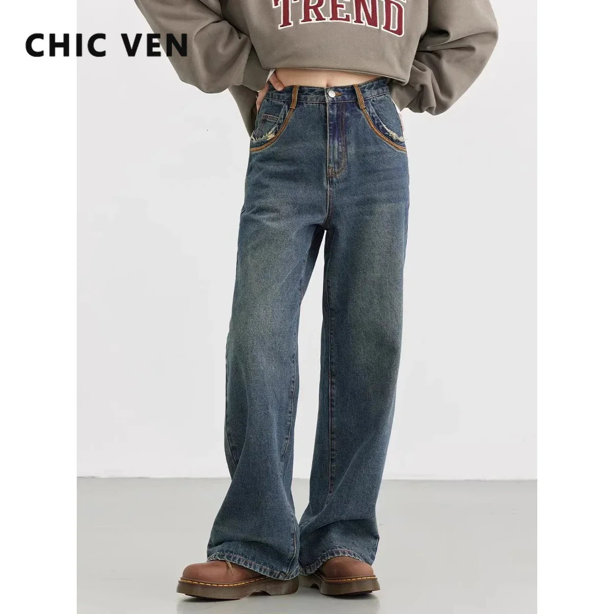 CHIC VEN Womens Jeans Blue Retro High Waist Contrast Cotton Wide Leg Trousers SpringSummer 250403