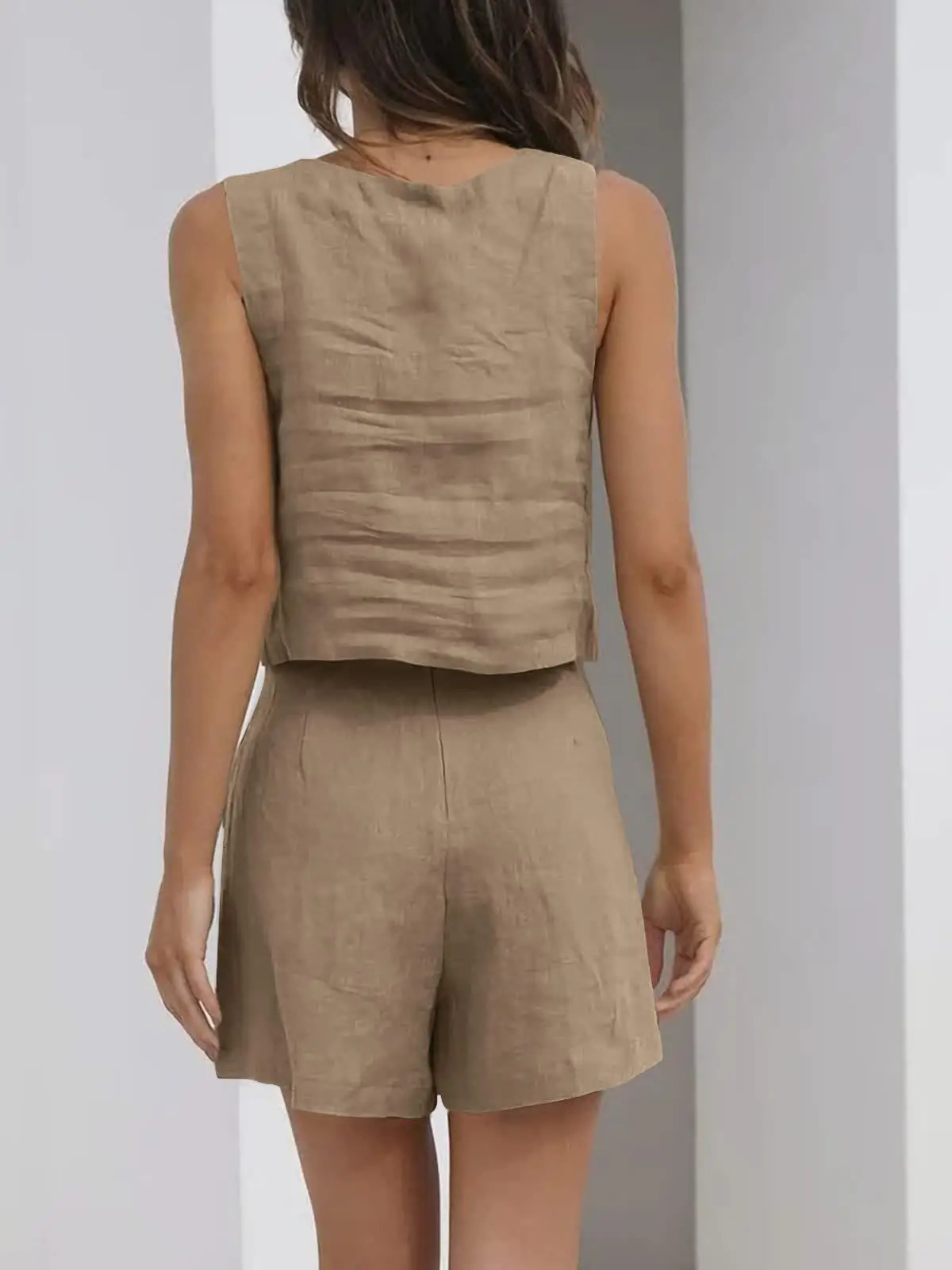 Casual womens casual vacation two-piece summer solid color sleeveless pocket pants set elegant wide leg vest set 250402