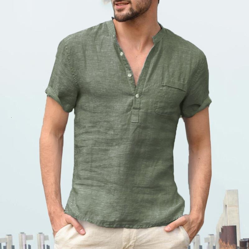 Mens solid color stand up collar half open collar thin short sleeved shirt top mens clothing