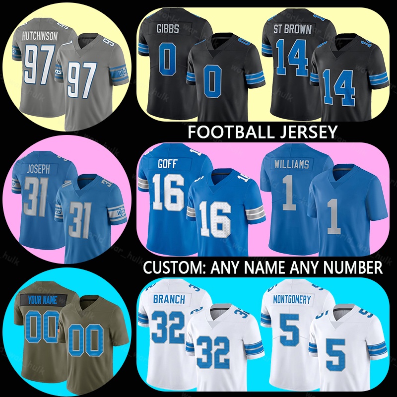 0 Jahmyr Gibbs Football Jersey 14 Amon-Ra St. Brown 1 Jameson Williams 5 David Montgomery 31 Kerby Joseph 87 Sam LaPorta 55 Derrick Barnes 46 Jack 3 Jack Fox Barry Sanders