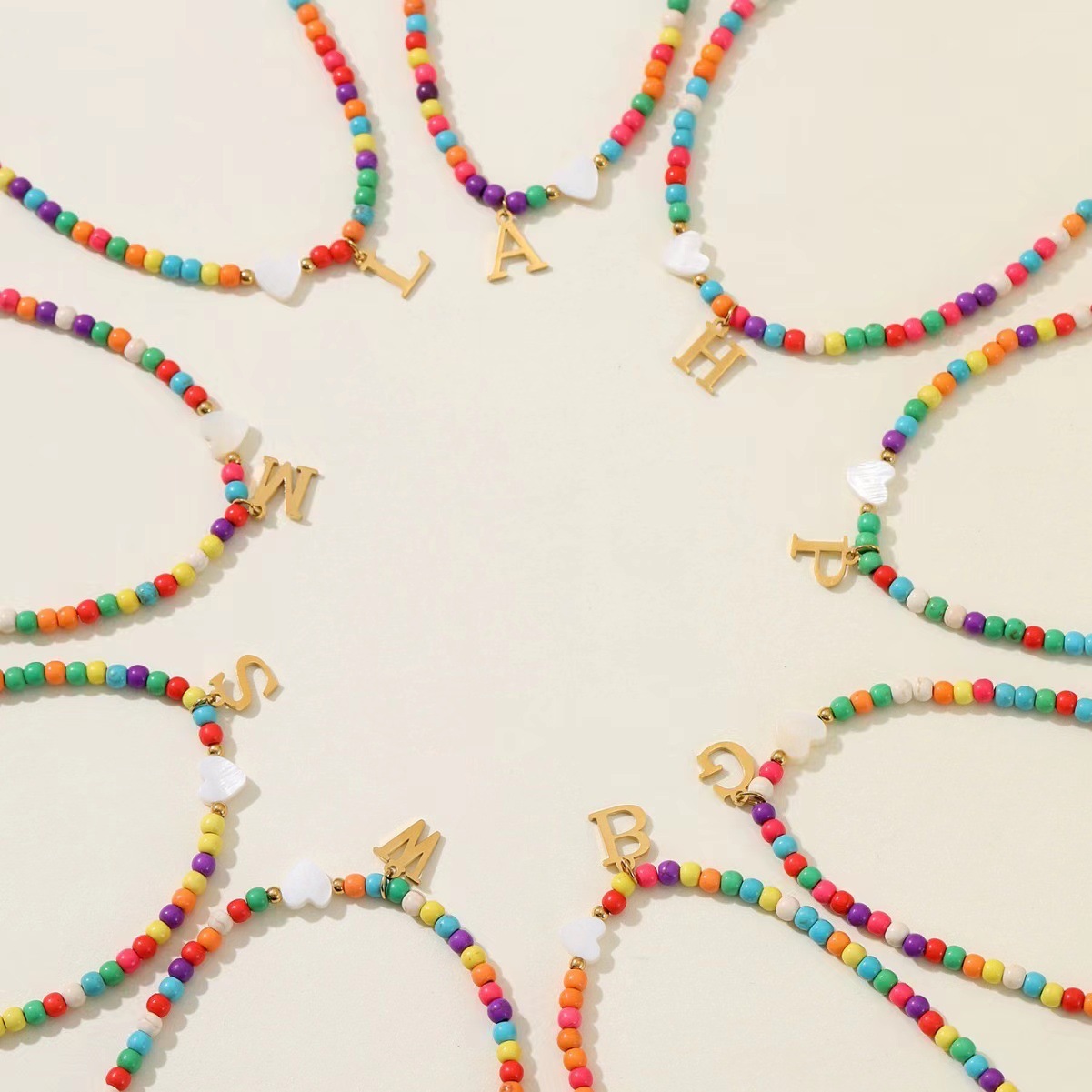 designer necklace for jewelry woman necklace designer for women Colorful Turquoise Rice Bead String Heart Necklace Stainless Steel Letter Pendant Neck