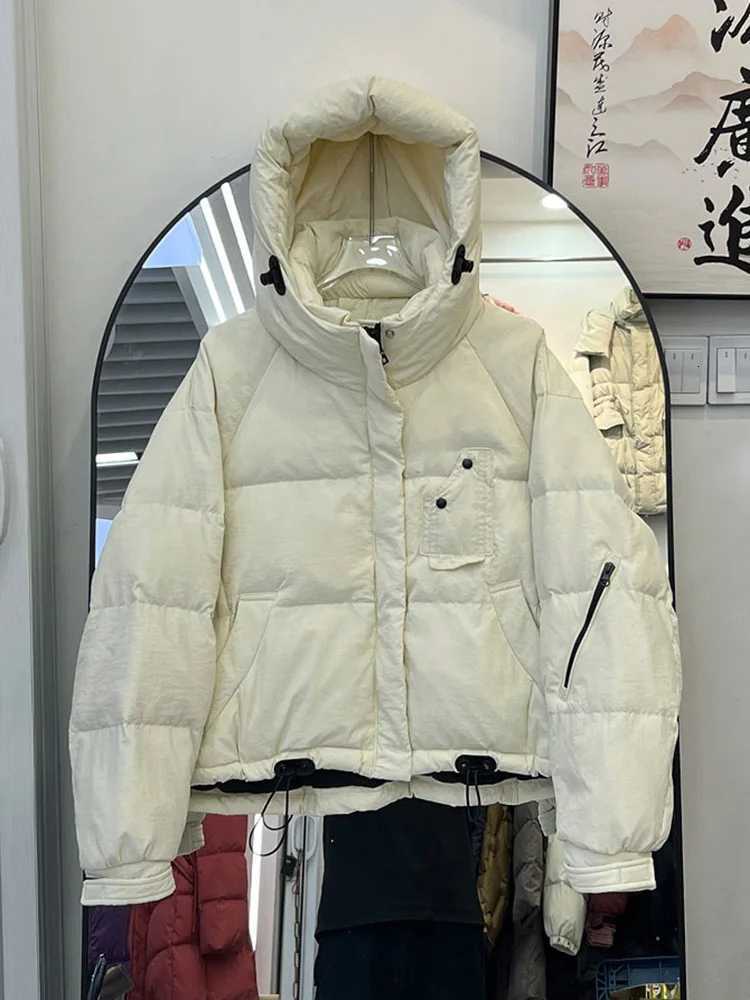 Winter Short Puff Hooded Solid Down Jacket Female Zipper Drawstring Quilted Jackets Women White Duck Down Pocket Parker OutwearsT251105