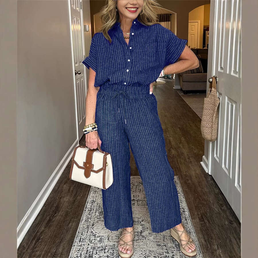 2025 Cross-Border Spring and Autumn Amazon Independent Station Women's Striped Suit with Turn-Down Collar Short Sleeve Straight-Leg Lazy Style Lo