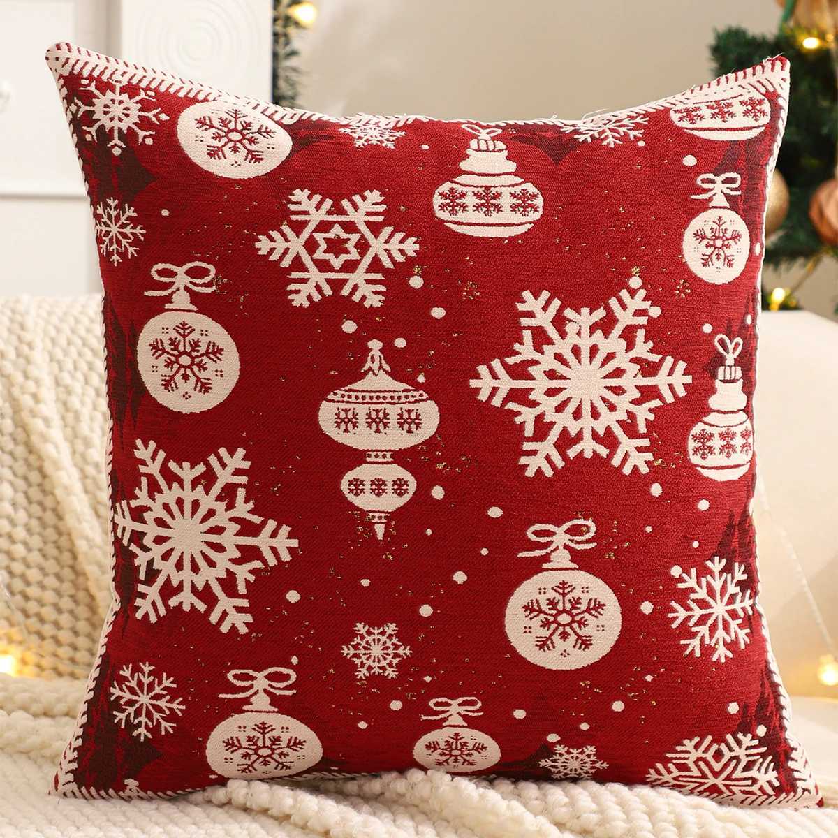 1PC Throw Pillow Cover Christmas Decoration Linen Christmas Tree Snowflake Winter Jacquard Farmhouse Home Sofa Living Room Y251105