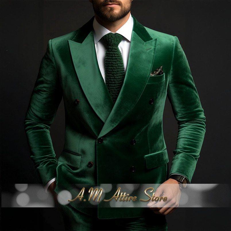 Luxurious Green Velvet Double Breasted Suit for Men 2piece Lapel Jacket Pants Set Wedding Cocktail Ball Party Tuxedo 251023