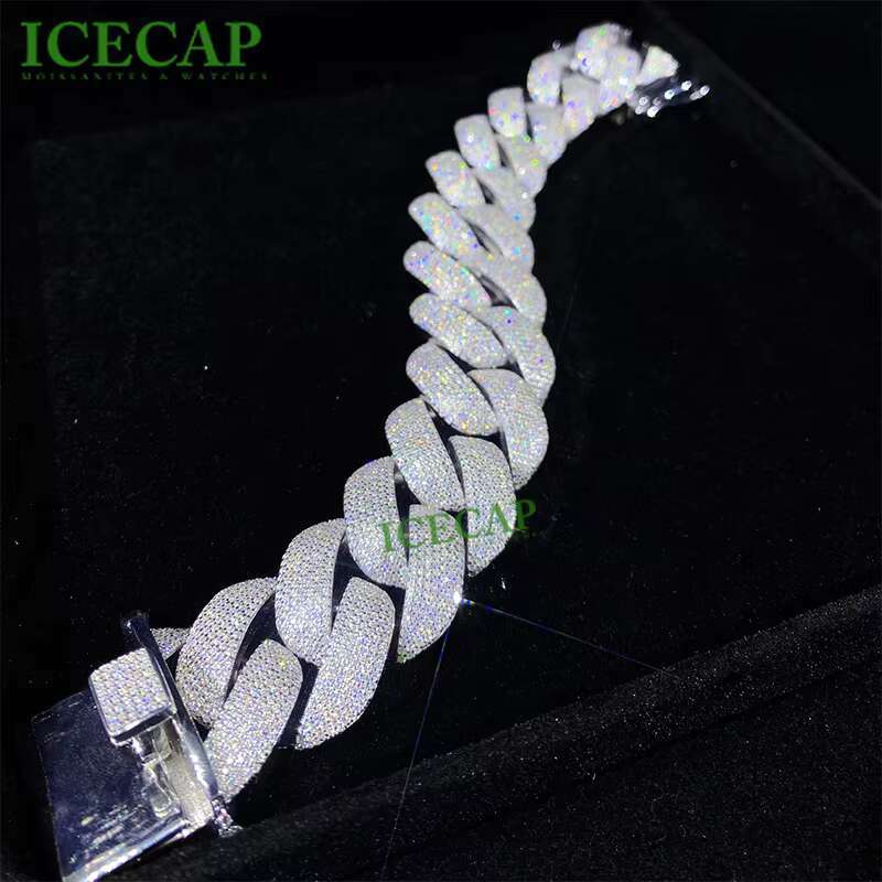 Hot 925 Silver Bracelet VVS Moissanite Cuban Chain Bangle 3 Rows Diamond Miami Cuban Link Chain for Men
