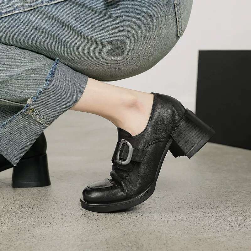 British Style Metal Belt Buckle Small for Women Thick Designer Shoe Round Toe Platform High Heel Loafers Soft Leather Single Shoes